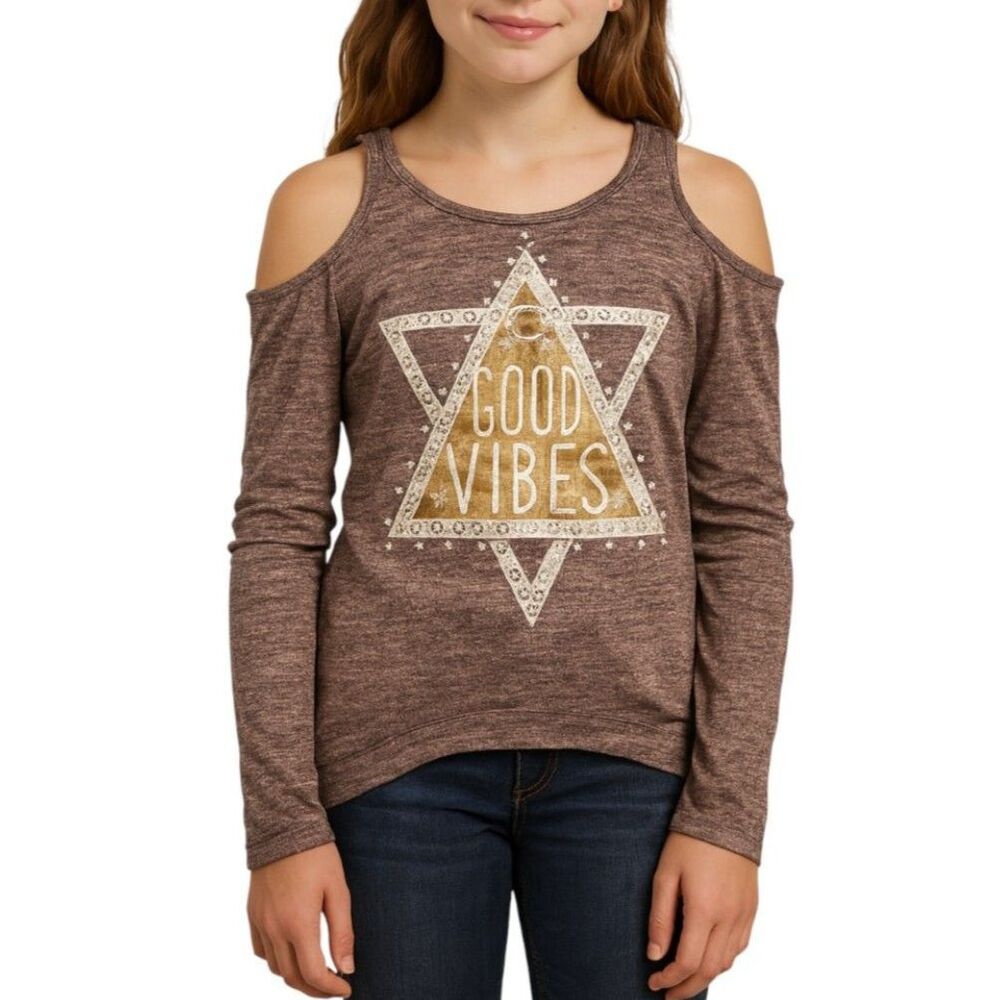 NWT Beautees Girls Open Shoulder “Good Vibes” Shirt | Medium